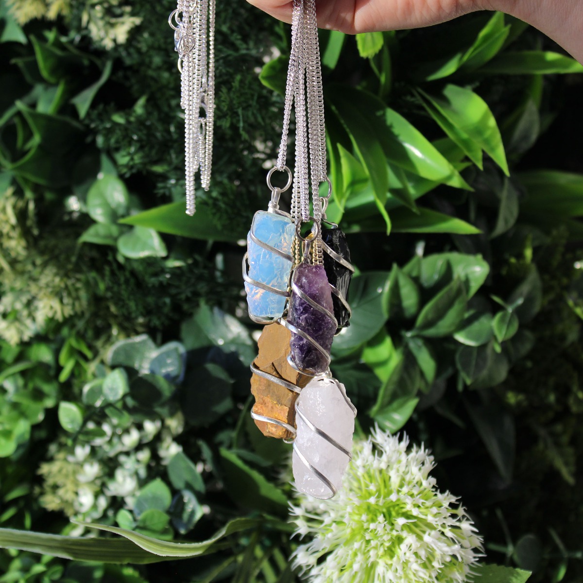 Cascade Wrapped Gemstone Necklace - Rough Rose Quartz