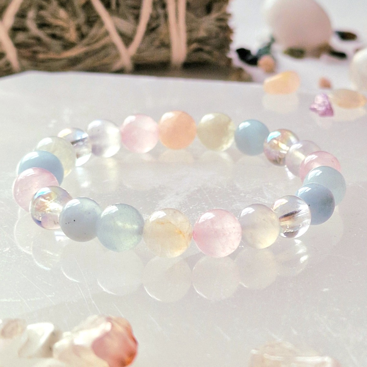 Aquamarine, Aura quartz, Rose Quartz and Morganite healing crystal bracelet made with 8mm beads 