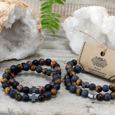 Set of 2 Gemstones Friendship Bracelets - Power - Tiger's Eye & Black Stone