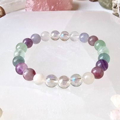 Aura Quartz, Moonstone, Fluorite Crystal Bracelet with 8mm crystal beads | Empower healing bracelet | High Vibrational | Strength | Focus