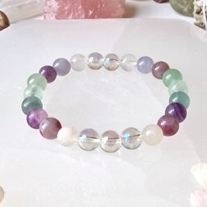 Aura Quartz, Moonstone, Fluorite Crystal Bracelet with 8mm crystal beads | Empower healing bracelet | High Vibrational | Strength | Focus