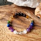 Crystal bracelet designed for chakra balancing and made with Amethyst, Lapis Lazuli, Moonstone, Aura Quartz, Garnet, Tier's eye, and obsidian. 